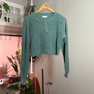Aéropostale Button Waffle Knit Top Long Sleeve Green Women's Sweater